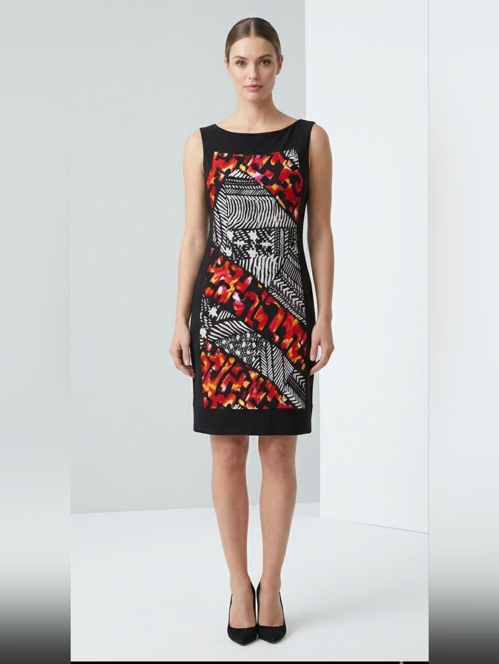 Joseph Ribkoff Abstract Geometric Panel Sheath Dress Black Red White 14 Pop Art